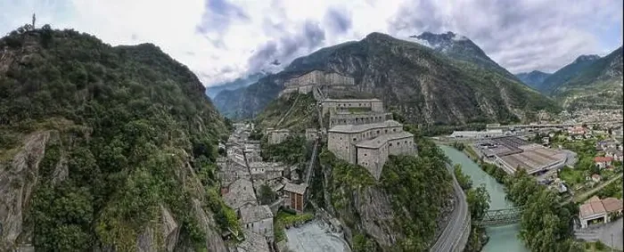 Framed Print : Drone view at the fortress of Bard on Aosta velley in Italy Framed Print : Drone view at the fortress of Bard on Aosta velley in Italy