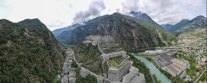 Framed Print : Drone view at the fortress of Bard on Aosta velley in Italy Framed Print : Drone view at the fortress of Bard on Aosta velley in Italy