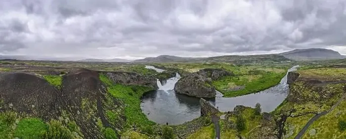 Framed Print : Drone view at Hjalparfoss waterfall on Iceland Framed Print : Drone view at Hjalparfoss waterfall on Iceland