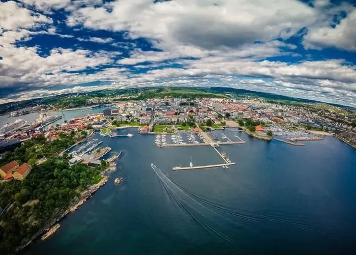 Framed Print : Drone view of Kristiansand town and Kvadraturen from Oderoya, Norway