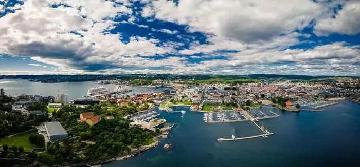 Framed Print : Drone view of Kristiansand town and Kvadraturen from Oderoya, Norway Framed Print : Drone view of Kristiansand town and Kvadraturen from Oderoya, Norway