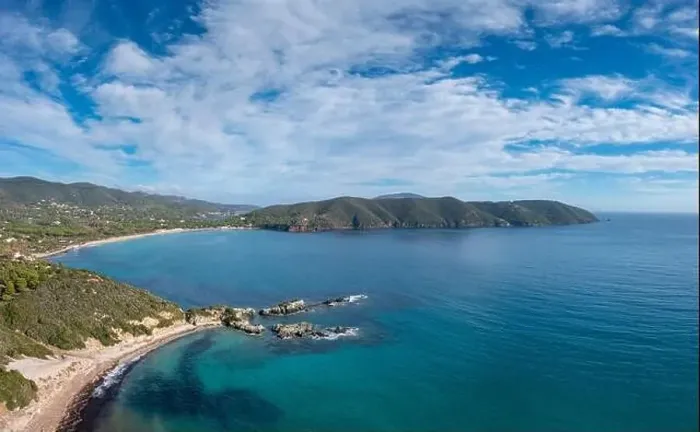 Framed Print : A drone view of Laconella and Lacona Beach on the island of Elba Framed Print : A drone view of Laconella and Lacona Beach on the island of Elba