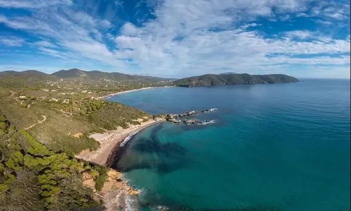 Framed Print : A drone view of Laconella and Lacona Beach on the island of Elba Framed Print : A drone view of Laconella and Lacona Beach on the island of Elba