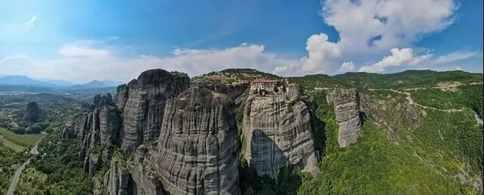 Framed Print : Drone view at the monastery at Meteore on Greece Framed Print : Drone view at the monastery at Meteore on Greece