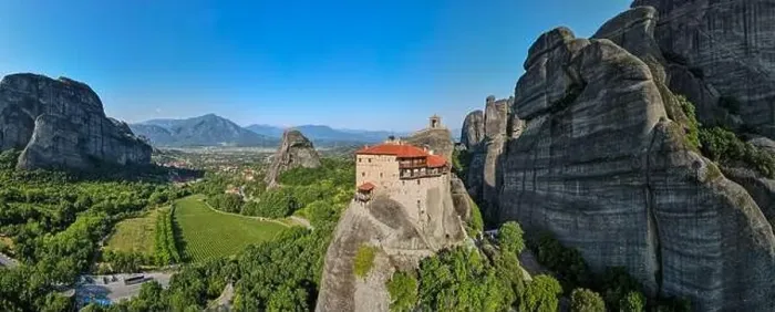 Framed Print : Drone view at the monastery at Meteore on Greece Framed Print : Drone view at the monastery at Meteore on Greece
