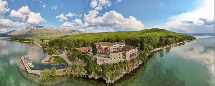 Framed Print : Drone view at the monastery of Saint Naum on Macedonia Framed Print : Drone view at the monastery of Saint Naum on Macedonia