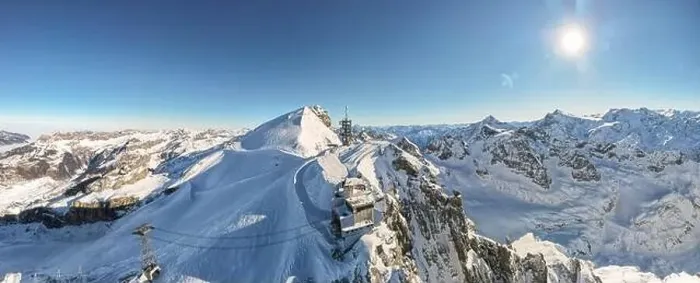 Framed Print : Drone view at mount Titlis over Engelberg on the Swiss alps Framed Print : Drone view at mount Titlis over Engelberg on the Swiss alps