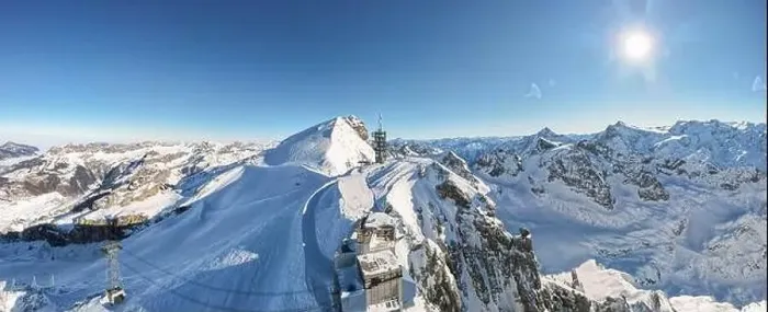 Framed Print : Drone view at mount Titlis over Engelberg on the Swiss alps