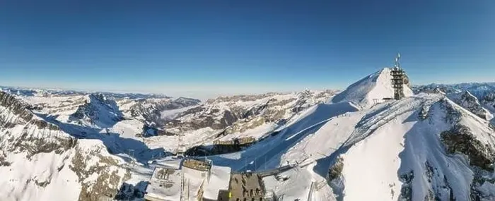 Framed Print : Drone view at mount Titlis over Engelberg on the Swiss alps