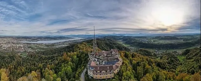 Framed Print : Drone view from mount Uetliberg to Zurich on Switzerland