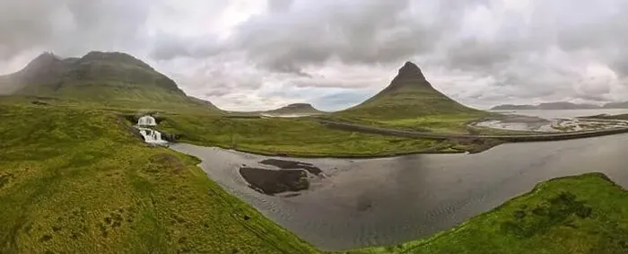Framed Print : Drone view at mount and waterfall of Kirkjufell at Grundarfjordur on Iceland