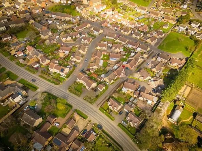 Framed Print : Drone view of new homes expansion in a rural village in East Anglia, UK Framed Print : Drone view of new homes expansion in a rural village in East Anglia, UK