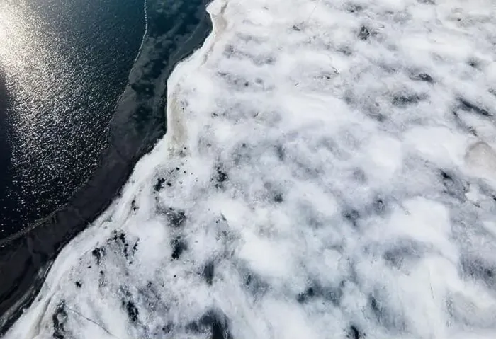 Framed Print : Drone view og Ice melts on the river Framed Print : Drone view og Ice melts on the river