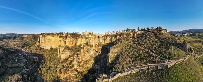 Framed Print : Drone view at the old bridge of Ronda on Andalusia in Spain Framed Print : Drone view at the old bridge of Ronda on Andalusia in Spain