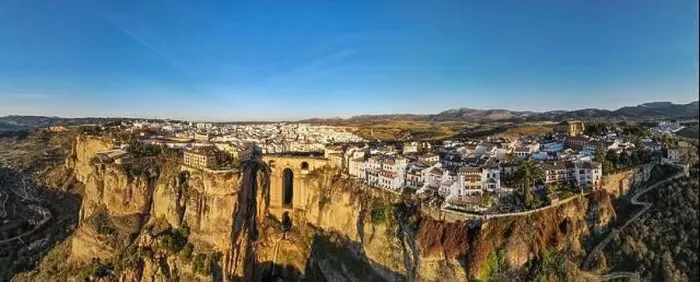 Framed Print : Drone view at the old bridge of Ronda on Andalusia in Spain Framed Print : Drone view at the old bridge of Ronda on Andalusia in Spain