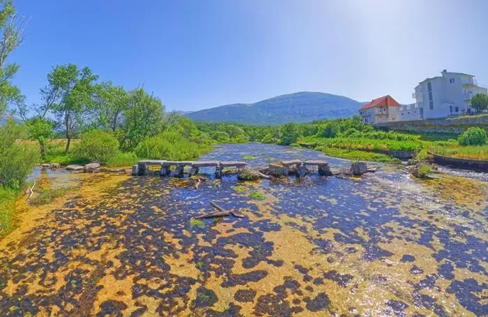 Framed Print : Drone view of the old footbridge on the river Cetina Framed Print : Drone view of the old footbridge on the river Cetina