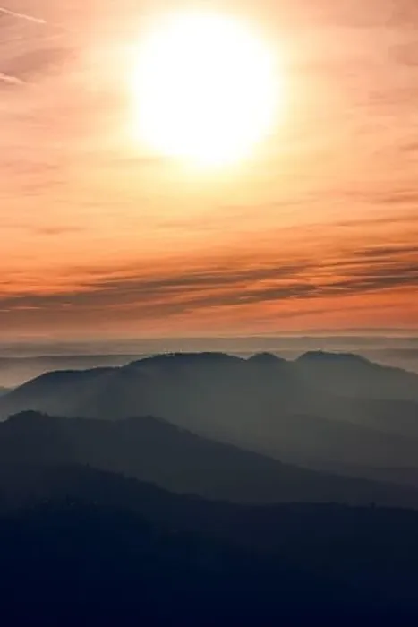 Framed Print : Drone view of picturesque scenery with bright sunset sky over foggy mountains and hills in Almatret Framed Print : Drone view of picturesque scenery with bright sunset sky over foggy mountains and hills in Almatret