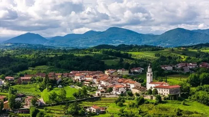 Framed Print : Drone View of Picturesque Townscape in Vipava Valley, Slovenia
