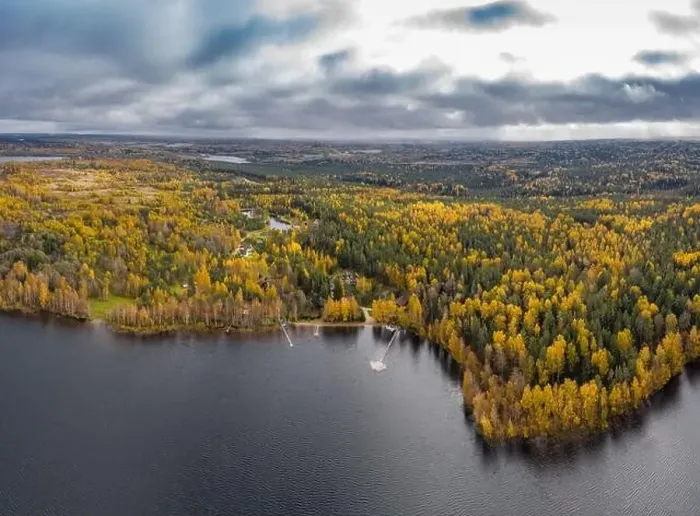 Framed Print : Drone view point of rural area in Autumn with lake Boroye Framed Print : Drone view point of rural area in Autumn with lake Boroye