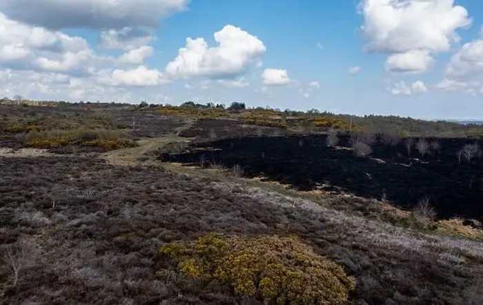 Framed Print : Drone view of recent arson attack at Waldridge Fell Framed Print : Drone view of recent arson attack at Waldridge Fell