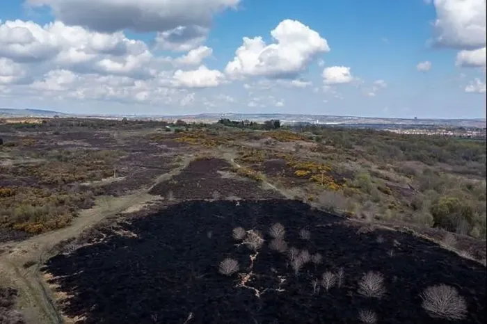 Framed Print : Drone view of recent arson attack at Waldridge Fell Framed Print : Drone view of recent arson attack at Waldridge Fell