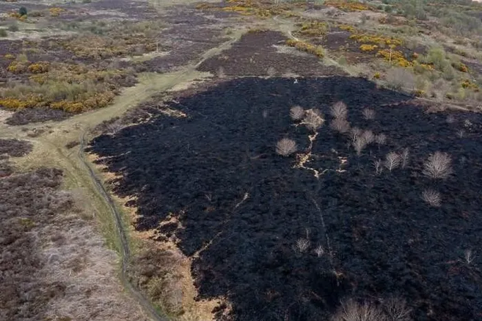Framed Print : Drone view of recent arson attack at Waldridge Fell Framed Print : Drone view of recent arson attack at Waldridge Fell