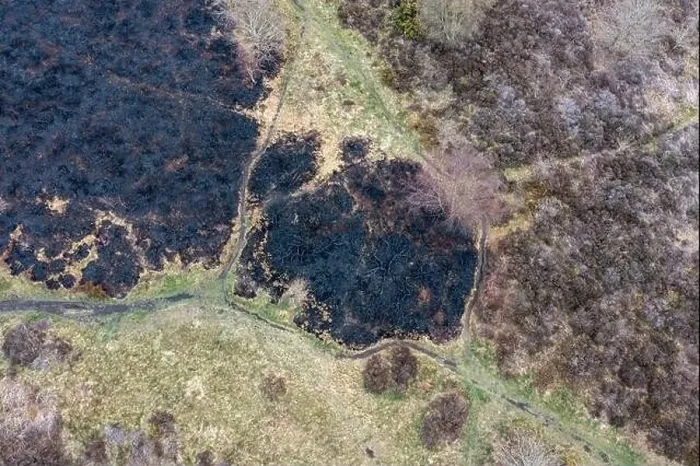 Framed Print : Drone view of recent arson attack at Waldridge Fell Framed Print : Drone view of recent arson attack at Waldridge Fell