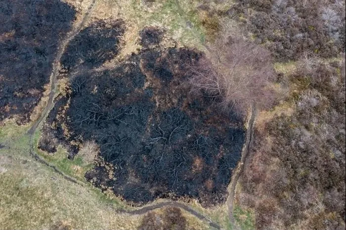 Framed Print : Drone view of recent arson attack at Waldridge Fell Framed Print : Drone view of recent arson attack at Waldridge Fell