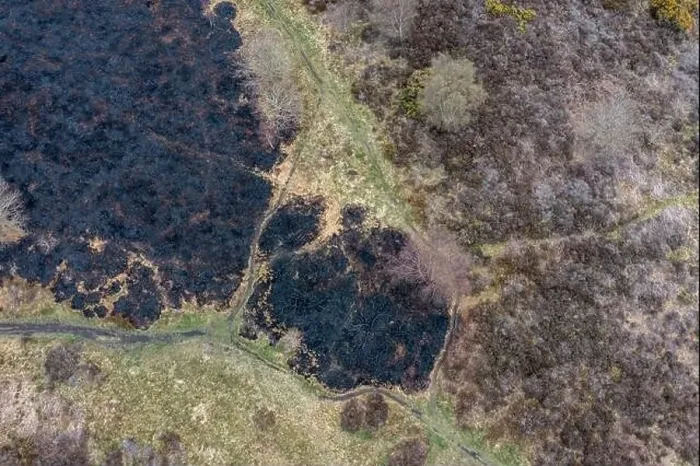 Framed Print : Drone view of recent arson attack at Waldridge Fell Framed Print : Drone view of recent arson attack at Waldridge Fell