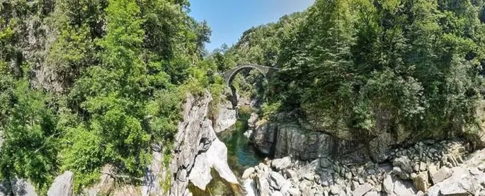 Framed Print : Drone view at the roman bridge of Intragna on the italian part of Switzerland Framed Print : Drone view at the roman bridge of Intragna on the italian part of Switzerland