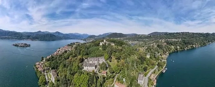Framed Print : Drone view at the sacred mount Orta and San Giulio island on Italy Framed Print : Drone view at the sacred mount Orta and San Giulio island on Italy