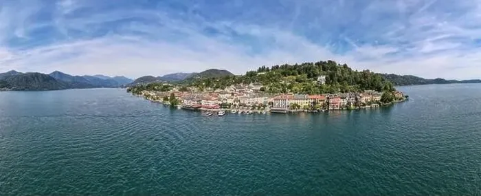 Framed Print : Drone view at the sacred mount Orta and San Giulio island on Italy Framed Print : Drone view at the sacred mount Orta and San Giulio island on Italy