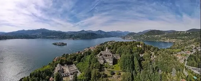 Framed Print : Drone view at the sacred mount Orta and San Giulio island on Italy Framed Print : Drone view at the sacred mount Orta and San Giulio island on Italy