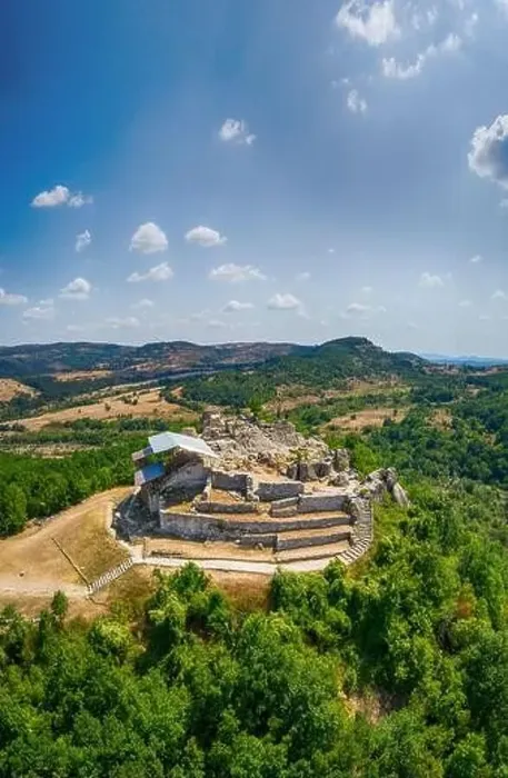 Framed Print : Drone top view Thracian sanctuary, located near Tatul, Bulgaria, Carved grave cut in the rock, II millennium BC Framed Print : Drone top view Thracian sanctuary, located near Tatul, Bulgaria, Carved grave cut in the rock, II millennium BC