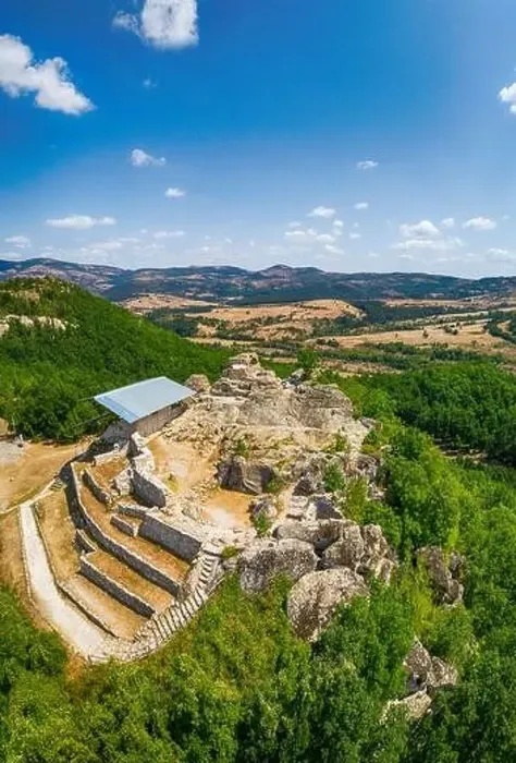 Framed Print : Drone top view Thracian sanctuary, located near Tatul, Bulgaria, Carved grave cut in the rock, II millennium BC Framed Print : Drone top view Thracian sanctuary, located near Tatul, Bulgaria, Carved grave cut in the rock, II millennium BC