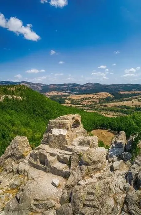 Framed Print : Drone top view Thracian sanctuary, located near Tatul, Bulgaria, Carved grave cut in the rock, II millennium BC Framed Print : Drone top view Thracian sanctuary, located near Tatul, Bulgaria, Carved grave cut in the rock, II millennium BC