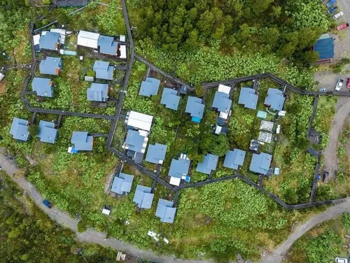 Framed Print : Drone view of Tortel with its small cabins - Discovering the beautiful village while traveling the Carretera Austral in Framed Print : Drone view of Tortel with its small cabins - Discovering the beautiful village while traveling the Carretera Austral in