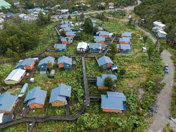 Framed Print : Drone view of Tortel with its small cabins - Discovering the beautiful village while traveling the Carretera Austral in Framed Print : Drone view of Tortel with its small cabins - Discovering the beautiful village while traveling the Carretera Austral in