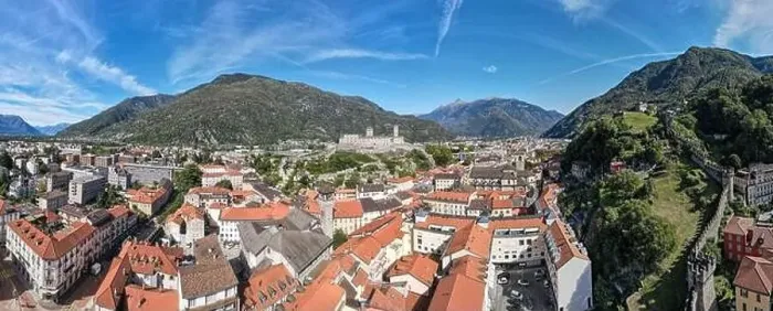 Framed Print : Drone view at the town of Bellinzona on the Swiss alps Framed Print : Drone view at the town of Bellinzona on the Swiss alps