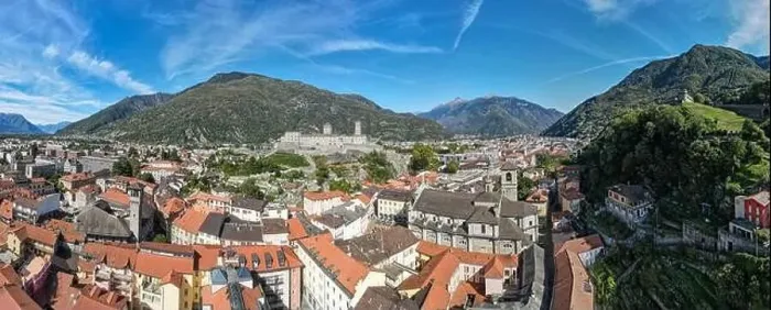 Framed Print : Drone view at the town of Bellinzona on the Swiss alps Framed Print : Drone view at the town of Bellinzona on the Swiss alps