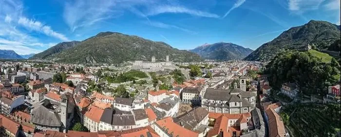 Framed Print : Drone view at the town of Bellinzona on the Swiss alps Framed Print : Drone view at the town of Bellinzona on the Swiss alps
