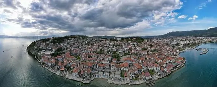 Framed Print : Drone view at the town of Ohrid on Macedonia Framed Print : Drone view at the town of Ohrid on Macedonia