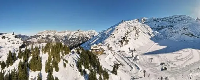 Framed Print : Drone view at Truebsee station over Engelberg on the Swiss alps Framed Print : Drone view at Truebsee station over Engelberg on the Swiss alps