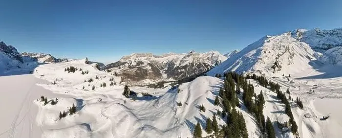 Framed Print : Drone view at Truebsee station over Engelberg on the Swiss alps Framed Print : Drone view at Truebsee station over Engelberg on the Swiss alps