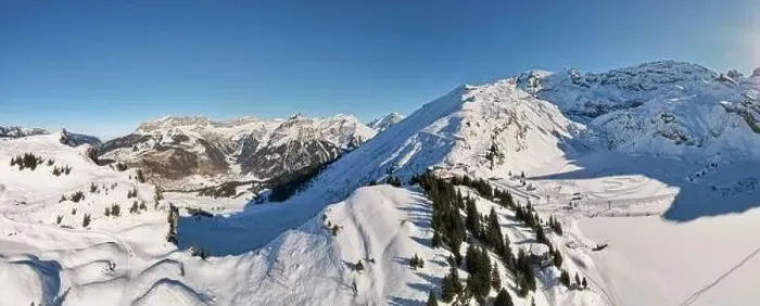 Framed Print : Drone view at Truebsee station over Engelberg on the Swiss alps Framed Print : Drone view at Truebsee station over Engelberg on the Swiss alps