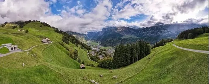 Framed Print : Drone view at the valley of Engelberg on the Swiss alps Framed Print : Drone view at the valley of Engelberg on the Swiss alps