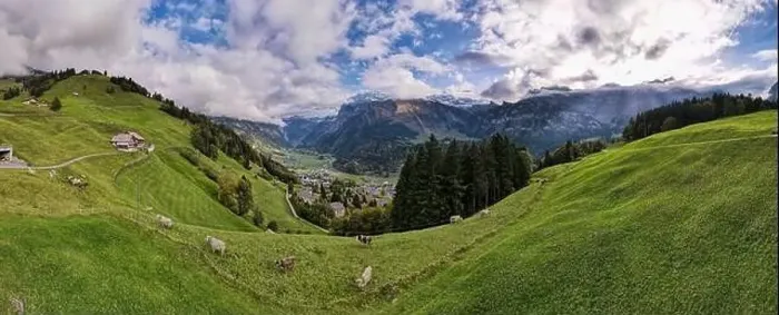 Framed Print : Drone view at the valley of Engelberg on the Swiss alps Framed Print : Drone view at the valley of Engelberg on the Swiss alps