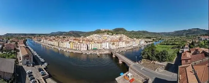 Framed Print : Drone view at the village of Bosa on Sardinia in Italy