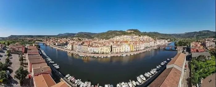 Framed Print : Drone view at the village of Bosa on Sardinia in Italy Framed Print : Drone view at the village of Bosa on Sardinia in Italy