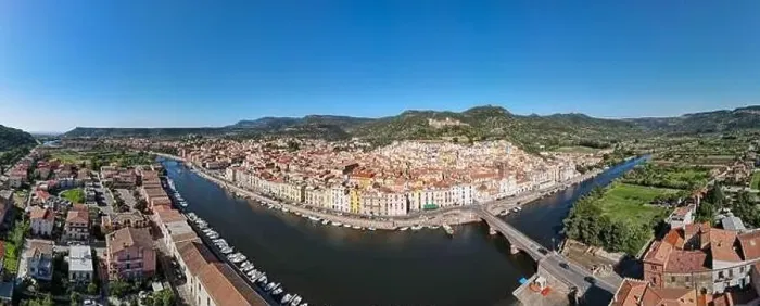 Framed Print : Drone view at the village of Bosa on Sardinia in Italy Framed Print : Drone view at the village of Bosa on Sardinia in Italy